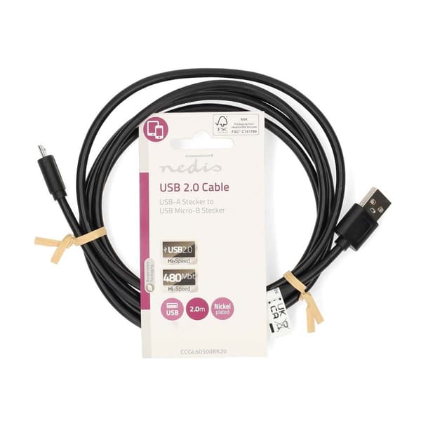 Nedis USB-kabel | USB 2.0 | USB-A Hane | USB Micro-B Hane | 11 W | 480 Mbps | Nickelplaterad | 2.00 m | Rund | PVC | Svart | Label