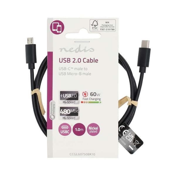 Nedis USB kaapeli | USB 2.0 | USB-C™ Uros | USB Micro-B Uros | 60 W | 480 Mbps | Niklattu | 1.00 m | Pyöreä | PVC | Musta | Label
