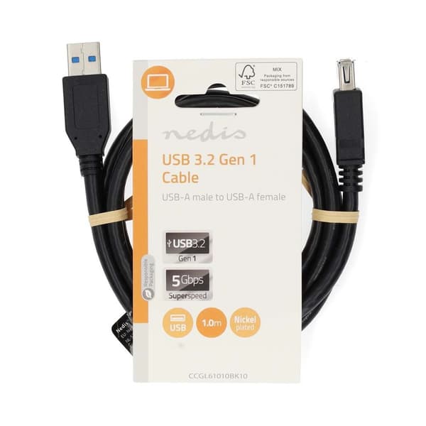 Nedis USB-kabel | USB 3.2 Gen 1 | USB-A Han | USB-A Hun | 5 Gbps | Nikkelplateret | 1.00 m | Runde | PVC | Sort | Label