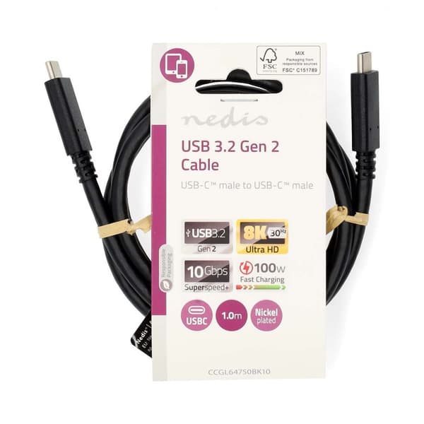 Nedis USB-kabel | USB 3.2 Gen 2 | USB-C™ Hann | USB-C™ Hann | 240 W | 8K@30Hz | 20 Gbps | Nikkel belagt | 1.00 m | Rund | PVC | Sort | Label