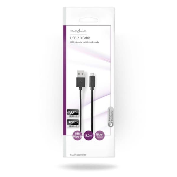 Nedis USB kaapeli | USB 2.0 | USB-A Uros | USB Micro-B Uros | 9 W | 480 Mbps | Niklattu | 5.00 m | Pyöreä | PVC | Musta | Kirjekuori