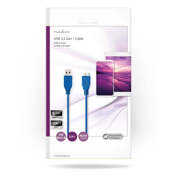Nedis USB-kabel | USB 3.2 Gen 1 | USB-A Hane | USB Micro-B Hane | 5 Gbps | Nickelplaterad | 5.00 m | Rund | PVC | Blå | Kuvert