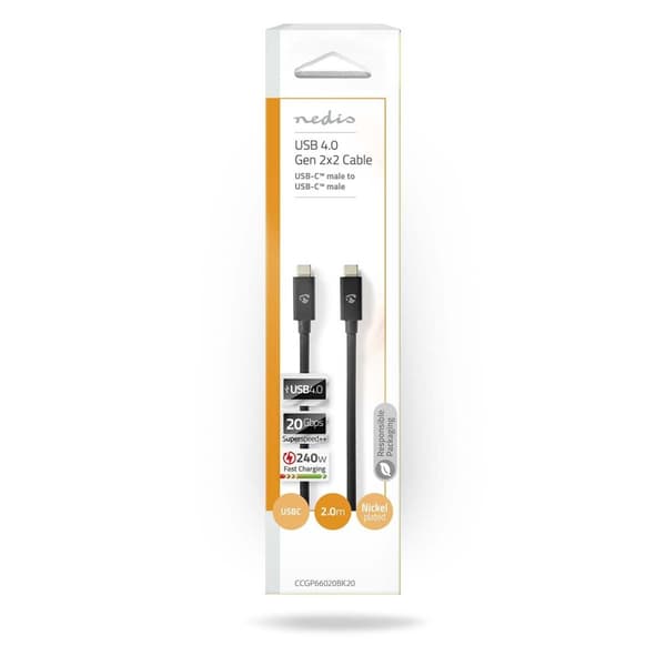 Nedis USB-kabel | USB 4.0 Gen 2x2 | USB-C™ Hann | USB-C™ Hann | 240 W | 8K@60Hz | 20 Gbps | Nikkel belagt | 2.00 m | Rund | PVC | Sort | Konvolutt