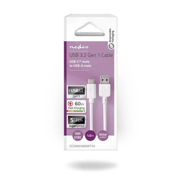 Nedis USB kaapeli | USB 3.2 Gen 1 | USB-A Uros | USB-C™ Uros | 60 W | 5 Gbps | Niklattu | 1.00 m | Pyöreä | PVC | Valkoinen | Laatikko