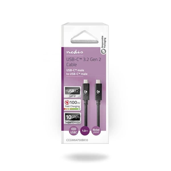 Nedis USB-kabel | USB 3.2 Gen 2 | USB-C™ Hane | USB-C™ Hane | 100 W | 4K@60Hz | 10 Gbps | Nickelplaterad | 1.00 m | Rund | PVC | Svart | Låda