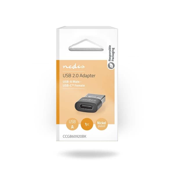 Nedis USB-A Adapter | USB 2.0 | USB-A Hane | USB-C™ Hona | 480 Mbps | Rund | Nickelplaterad | Svart | Låda