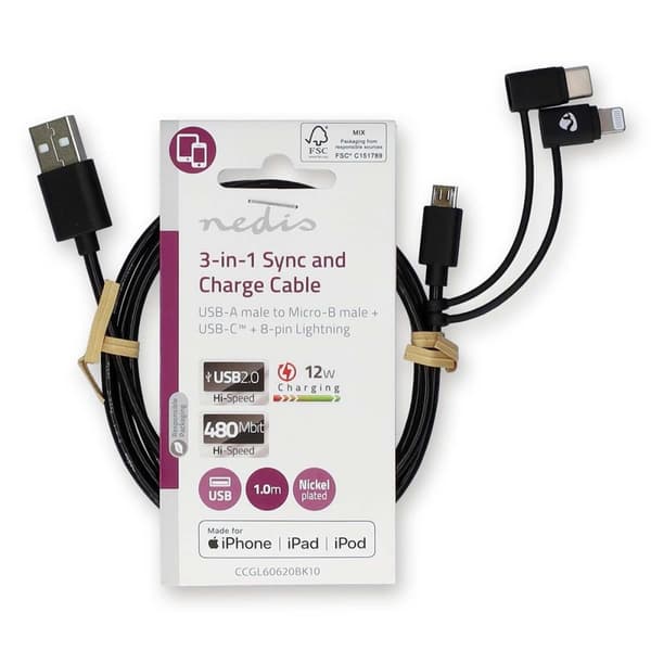 Nedis 3 i en kabel | USB 2.0 | USB-A Han | Apple Lightning 8-Pinners / USB Micro-B Han / USB-C™ Hann | 480 Mbps | 1.00 m | Nikkel belagt | Rund | PVC