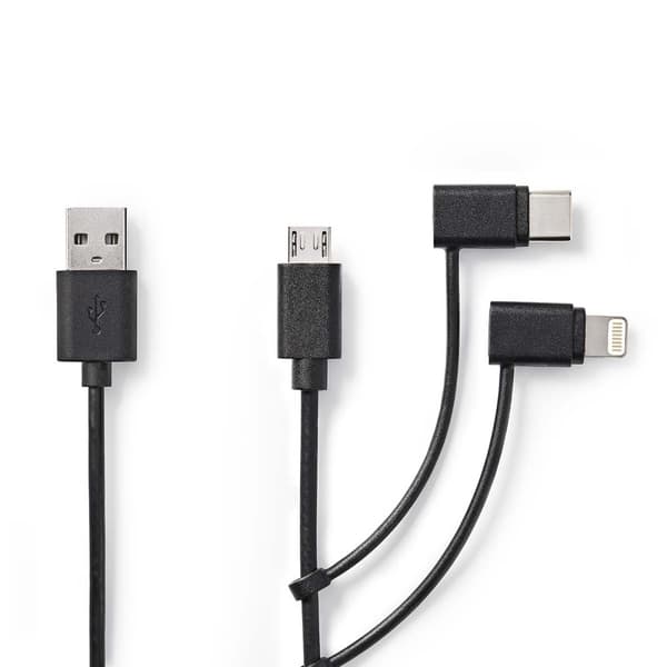 Nedis 3 i en kabel | USB 2.0 | USB-A Han | Apple Lightning 8-Pinners / USB Micro-B Han / USB-C™ Hann | 480 Mbps | 1.00 m | Nikkel belagt | Rund | PVC