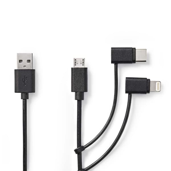 Nedis 3 i en kabel | USB 2.0 | USB-A Han | Apple Lightning 8-Pinners / USB Micro-B Han / USB-C™ Hann | 480 Mbps | 1.00 m | Nikkel belagt | Rund | PVC