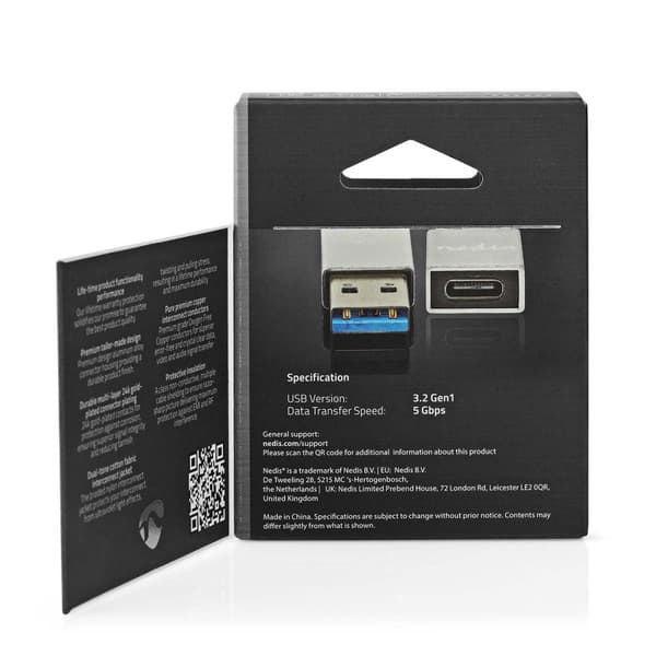 Nedis USB-A Adapter | USB 3.2 Gen 1 | USB-A Han | USB-C™ Hun | 5 Gbps | Runde | Nikkelplateret | Sølv | Cover Box