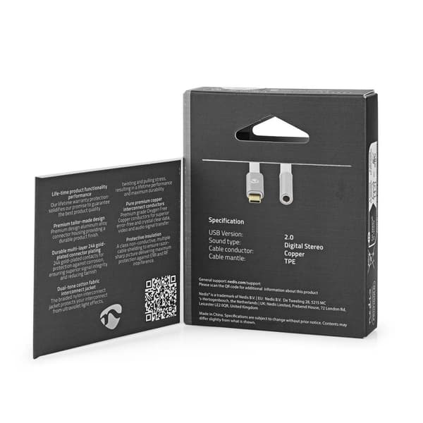 Nedis USB-C™ Adapter | USB 2.0 | USB-C™ Hann | 3.5 mm Hun | 0.08 m | Rund | Gull belagt | Flettet / Nylon | Hvit / Sølv | Deksel Vindusboks