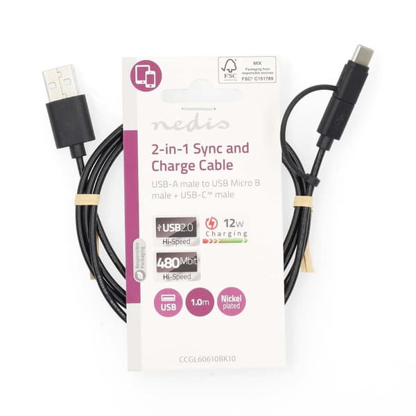 Nedis 2 i 1kabel | USB 2.0 | USB-A Hane | USB Micro-B Hane / USB-C™ Hane | 480 Mbps | 1.00 m | Nickelplaterad | Rund | PVC | Svart | Label