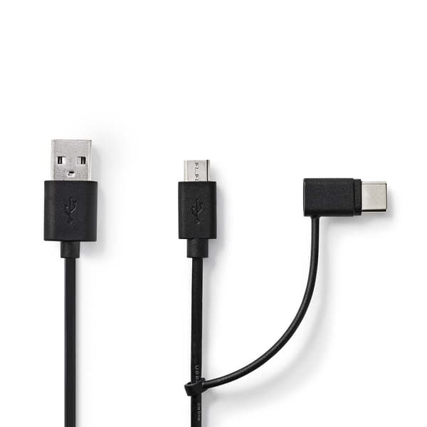 Nedis 2 i 1kabel | USB 2.0 | USB-A Hane | USB Micro-B Hane / USB-C™ Hane | 480 Mbps | 1.00 m | Nickelplaterad | Rund | PVC | Svart | Label