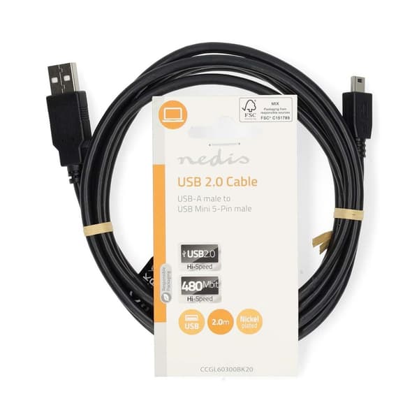 Nedis USB-kabel | USB 2.0 | USB-A Hane | USB Mini-B 5 pin Hane | 480 Mbps | Nickelplaterad | 2.00 m | Rund | PVC | Svart | Label