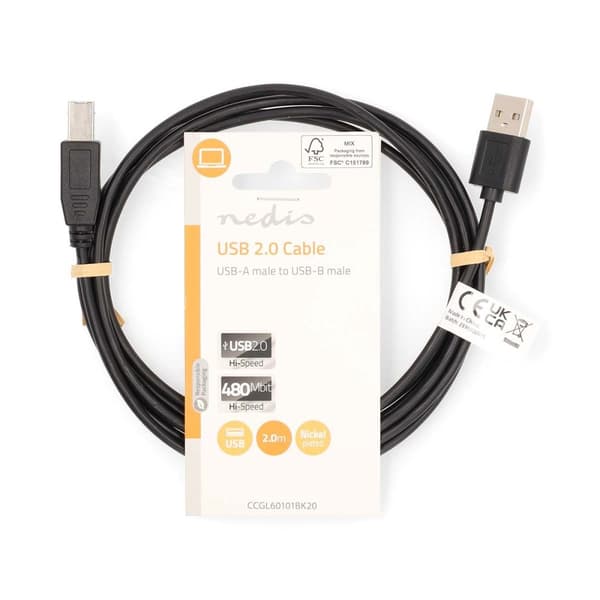Nedis USB-kabel | USB 2.0 | USB-A Hane | USB-B Hane | 480 Mbps | Nickelplaterad | 2.00 m | Rund | PVC | Svart | Label