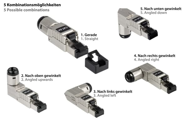 RJ45-kontakt Kat. 6A, verktøyfri / feltmontering, STP-skjermet, metall, 5 retninger, bra (GC-N0165)