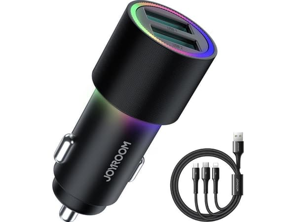 Billaddare Joyroom JR-CL10 LED 2xUSB 24W + 3in1 USB Type-C/microUSB/Lightning 1,2m svart Svart