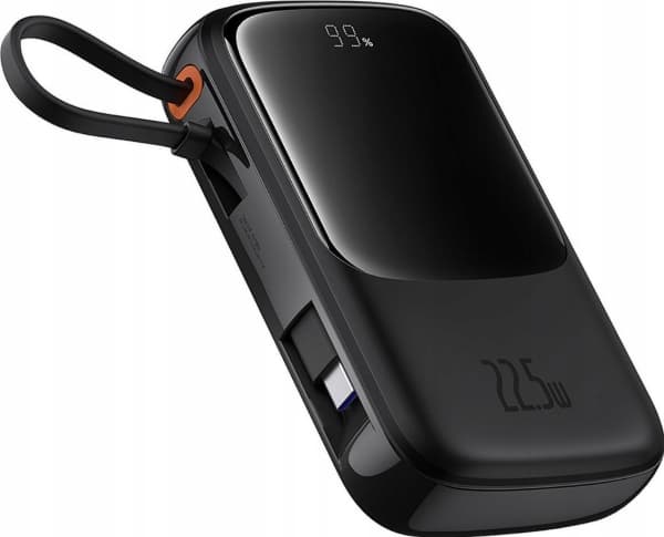 Baseus Qpow Pro+ 10000mAh 22,5W Power Bank med innebygd USB-C-kabel og skjerm - svart