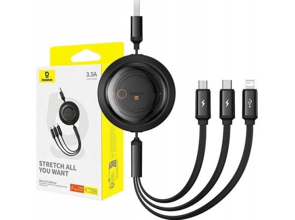 Baseus Free2Draw, 1,1 m, USB A, USB C/Micro-USB B/Lightning, 0,48 Gbit/s, Sort