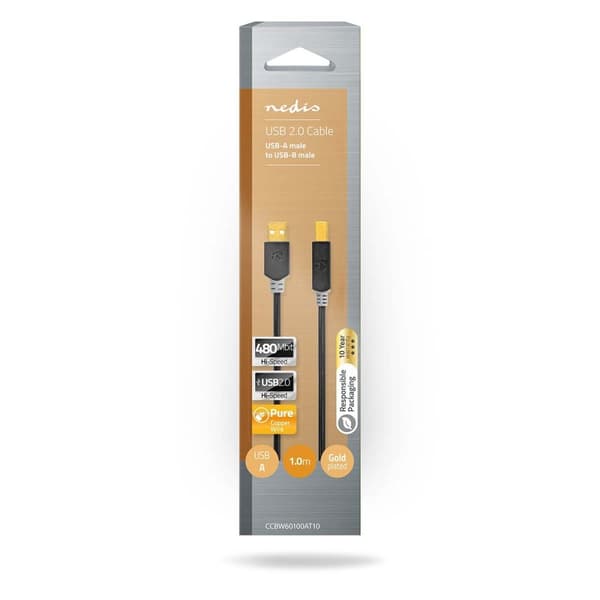 Nedis USB-kabel | USB 2.0 | USB-A Hane | USB-B Hane | 480 Mbps | Guldplaterad | 1.00 m | Rund | PVC | Antracit | Låda