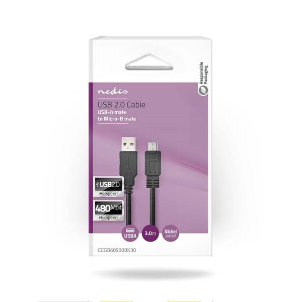 Nedis USB-kabel | USB 2.0 | USB-A Hane | USB Micro-B Hane | 480 Mbps | Nickelplaterad | 3.00 m | Rund | PVC | Svart | Låda