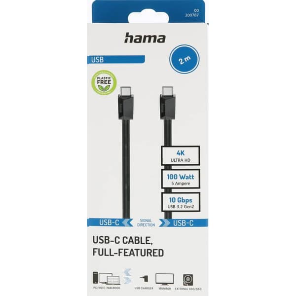 Hama Kabel USB-C USB 3.2 Gen2 10 Gbit/s 100W 2.0m Svart
