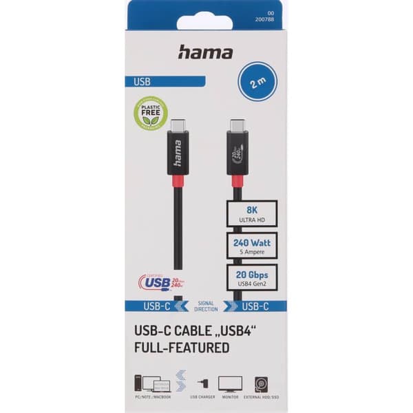 Hama Kabel USB-C USB 4.0 Gen2 20 Gbit/s 240W 2.0m Svart
