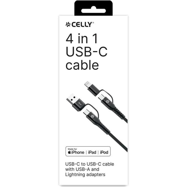 CELLY 4-i-1 USB-C till USB-C, Lightning Max 60W 2m - Svart