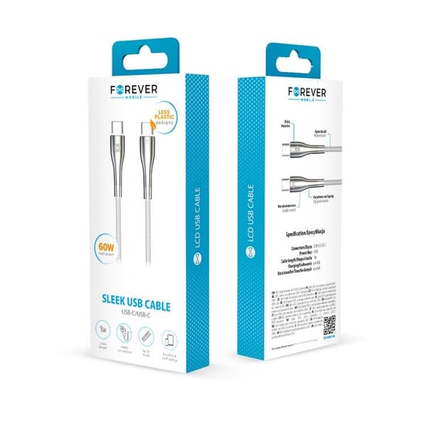 Forever Sleek USB-C till USB-C kabel 1m 60W - Vit