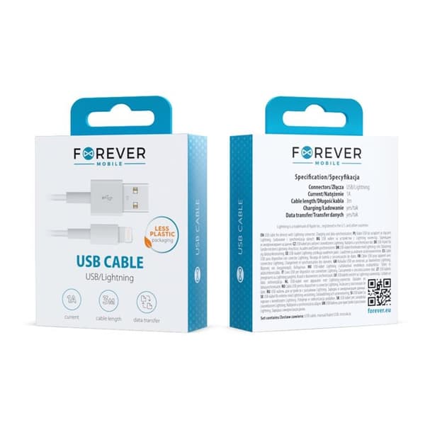 Forever USB-A till Lightning kabel 3m 1A - Vit
