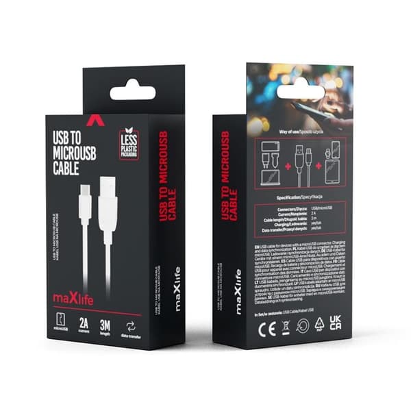 Maxlife kabel USB till microUSB 3m 2A - Vit
