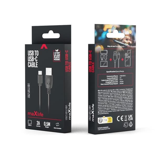 Maxlife USB-C till USB-A kabel 0,5m 2A - Svart