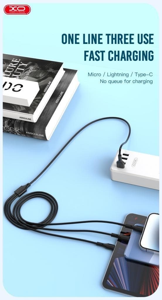 3i1 snabb USB till Lightning + USB-C + microUSB-kabel, 1,0m 2,4A