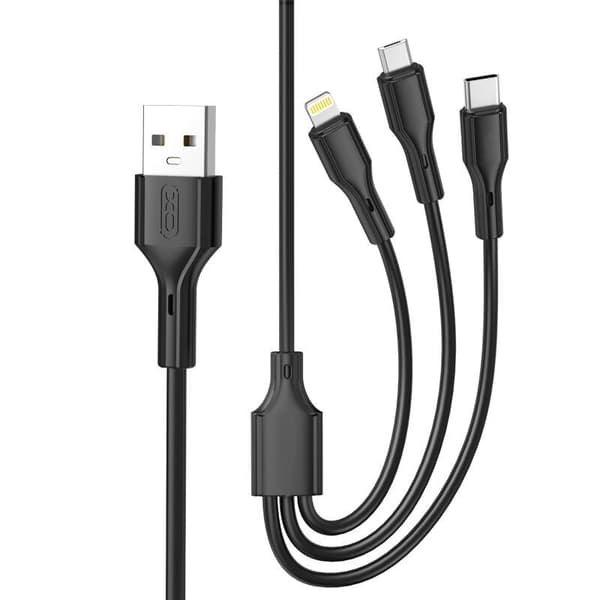 3i1 snabb USB till Lightning + USB-C + microUSB-kabel, 1,0m 2,4A