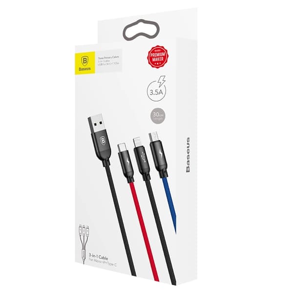 Baseus 3in1 USB-A till USB-C, Lightning, microUSB kabel 3.5A 0.3m