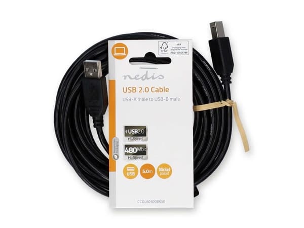 Nedis CCGL60100BK50, 5 m, USB A, USB B, USB 2.0, 0,48 Gbit/sek, Sortera