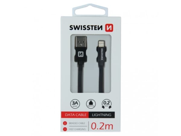 Swissten 71523101, 0,2 m, USB A, Lightning, Hankjønn, Hankjønn, Sort