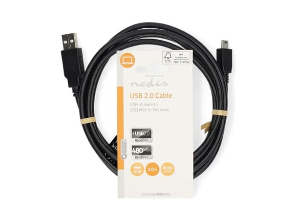 Nedis CCGL60300BK20, 2 m, USB A, Mini-USB B, USB 2.0, 0,48 Gbit/sek., Sort