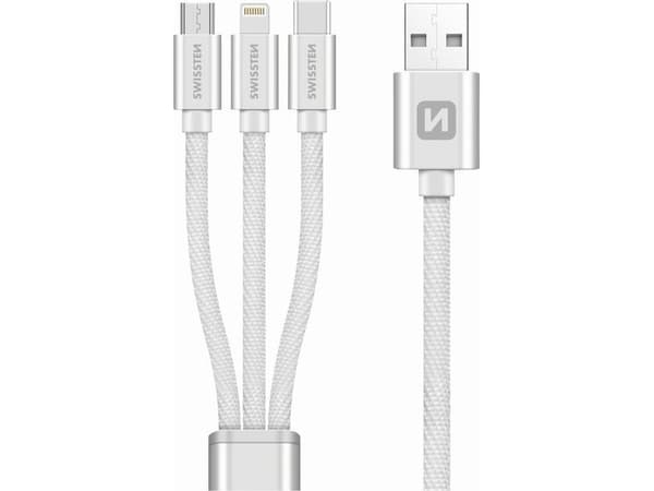 Swissten Textile 3-in-1 Cable 1.2m, 1,2 m, USB A, USB C/micro-USB B/Lightning, Silver