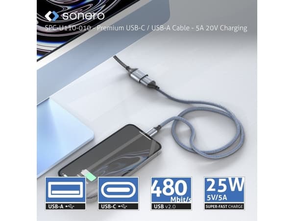 sonero SPC-U110-015, 1,5 m, USB C, USB A, USB 2.0, 0,48 Gbit/s, Blå, Grå