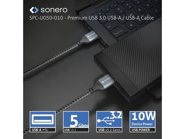 sonero SPC-U050-010, 1 m, USB A, USB A, USB 3.2 Gen 1 (3.1 Gen 1), 5 Gbit/s, Svart, Grå