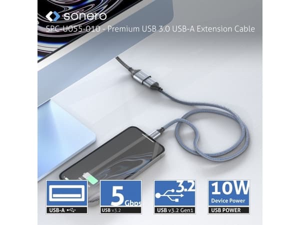 sonero SPC-U055-005, 0,5 m, USB A, USB A, USB 3.2 Gen 1 (3.1 Gen 1), 5 Gbit/s, Svart, Grå