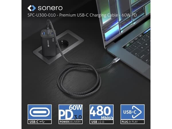 Sonero USB-C - USB-C latauskaapeli - USB 2.0, 60W PD harmaa/musta - 2.00m - 2.00m