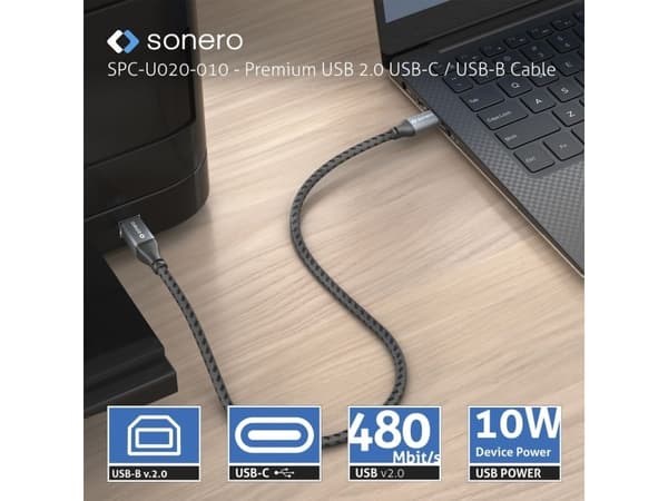 sonero SPC-U020-010, 1 m, USB C, USB B, USB 2.0, 0,48 Gbit/s, Svart, Grå