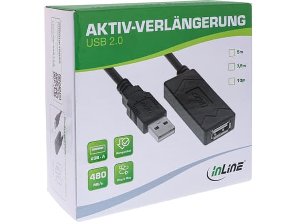 InLine 34616A, 7,5 m, USB A, USB A, USB 2.0, 0,48 Gbit/s, Svart
