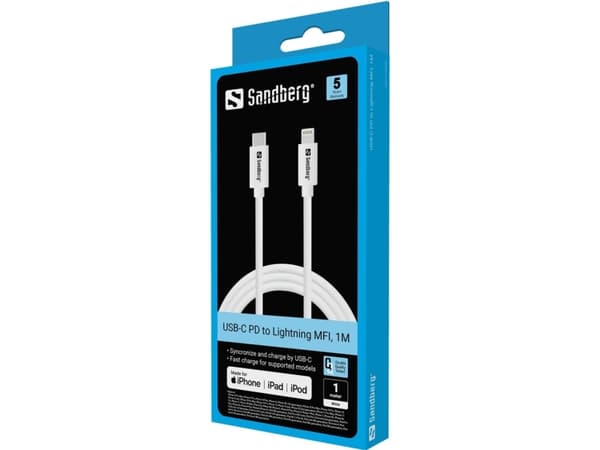Sandberg USB-C PD to Lightning MFI, 1M, 1 m, Lightning, USB C, Hanstik, Hanstik, Hvid