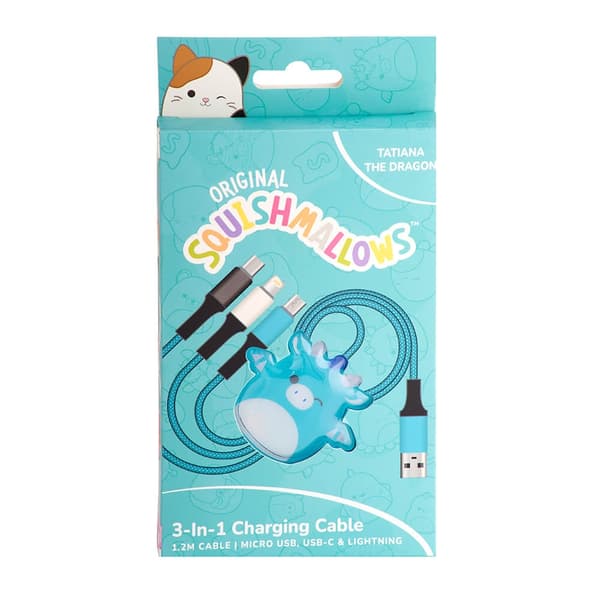 Squishmallows Opladerkabel 1,2m Tatiana 3i1 USB-C/Micro/Lightning