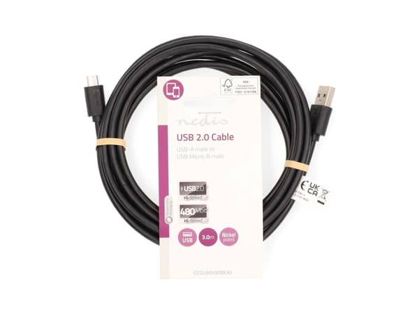 Nedis CCGL60500BK30, 3 m, USB A, Micro-USB B, USB 2.0, 0,48 Gbit/sek, Sortera
