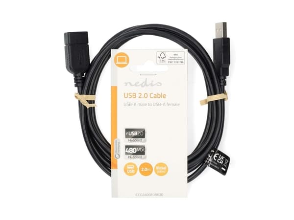 Nedis CCGL60010BK20, 1 m, USB A, USB A, USB 2.0, 0,48 Gbit/sek., Sort