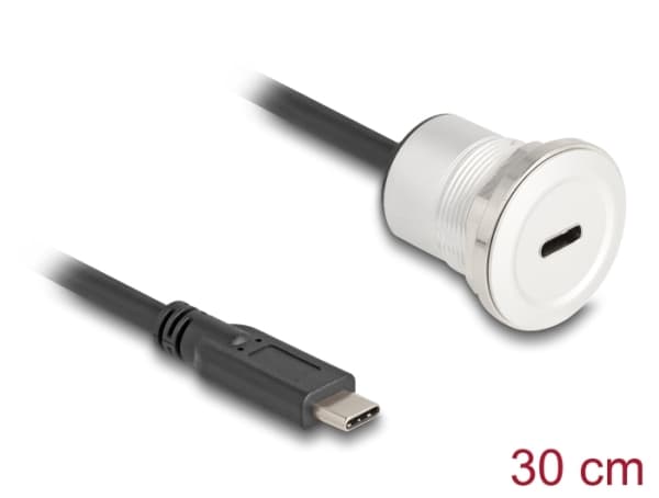 Delock - USB-förlängningskabel - 24 pin USB-C (hane) till 24 pin USB-C (hona) kan monteras på panel - 30 cm - M22-gänga - svart, silver